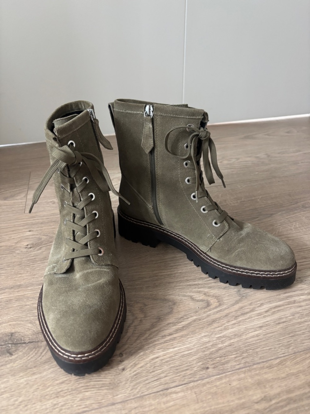 Lace-Up Suede, Water Resistant Combat Boots in Olive Green